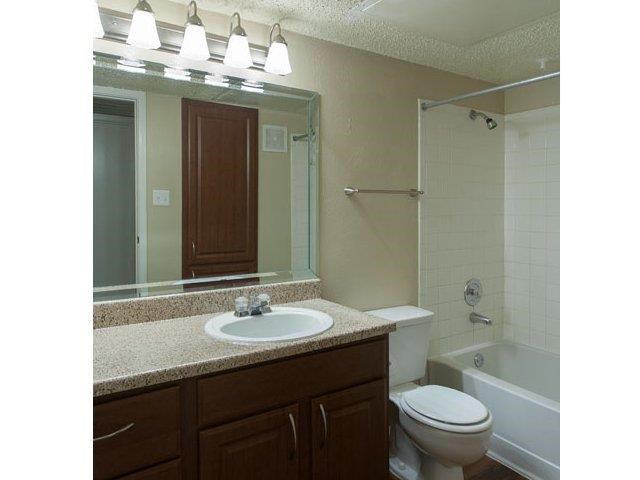Bathroom with four vanity lights, large counter space, and garden style tubs